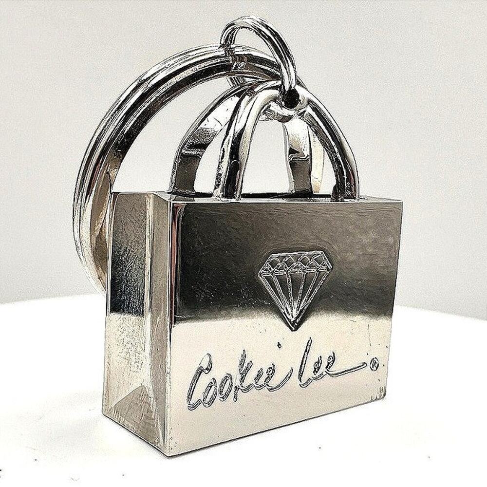 Vintage 90s Cookie Lee Silver Tone Shopping Bag Purse Keychain Fob Charm Gift